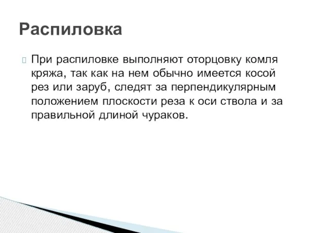 При распиловке выполняют оторцовку комля кряжа, так как на нем обычно имеется