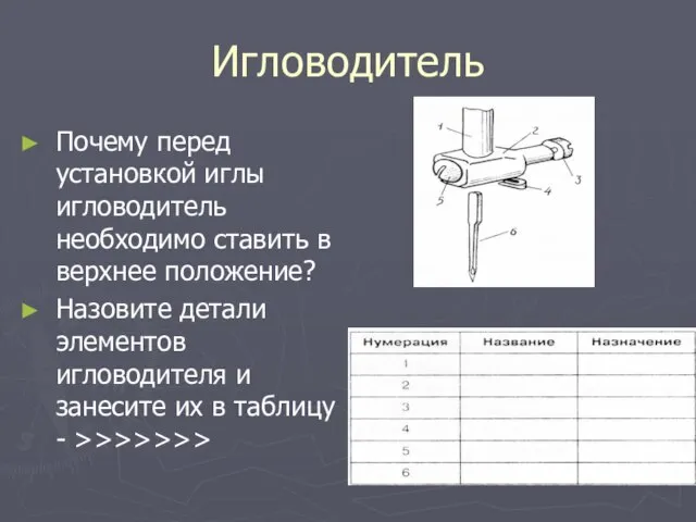 Игловодитель Почему перед установкой иглы игловодитель необходимо ставить в верхнее положение? Назовите