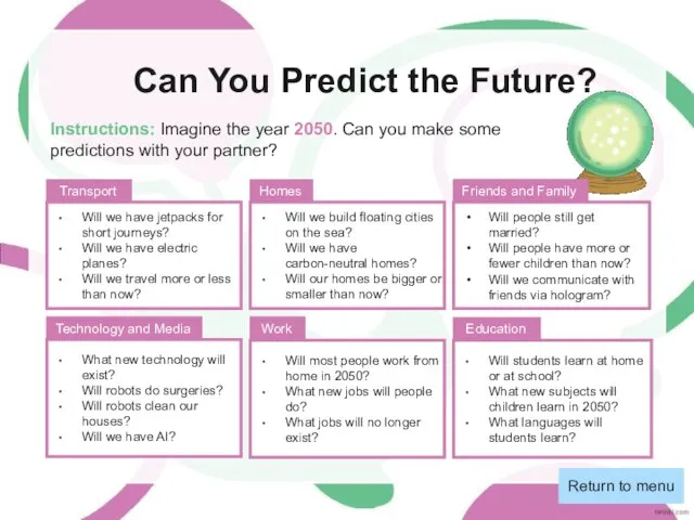 Can You Predict the Future? Instructions: Imagine the year 2050. Can you