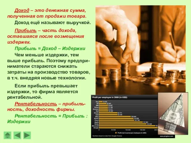 Доход – это денежная сумма, полученная от продажи товара. Доход ещё называют