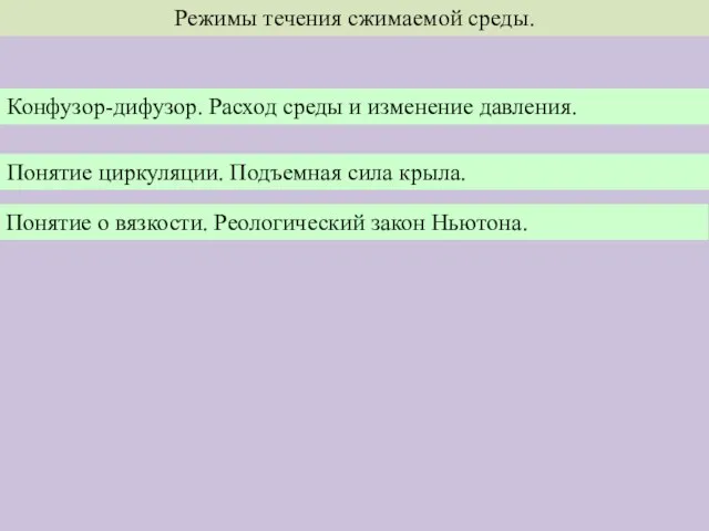 Режимы течения сжимаемой среды. Конфузор-дифузор. Расход среды и изменение давления. Понятие циркуляции.