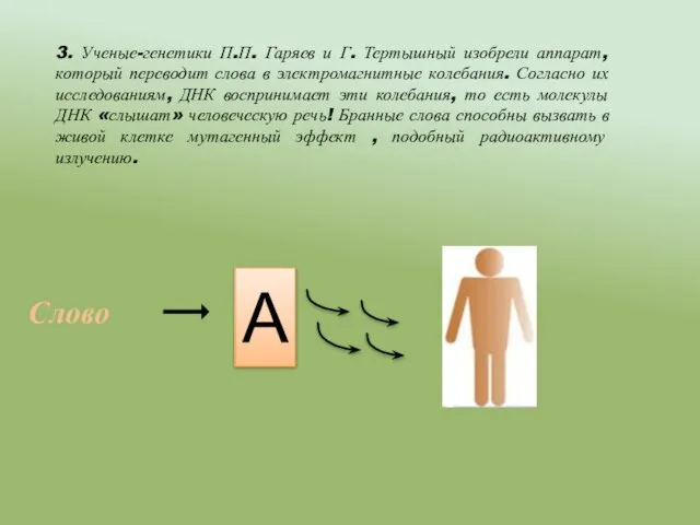 3. Ученые-генетики П.П. Гаряев и Г. Тертышный изобрели аппарат, который переводит слова