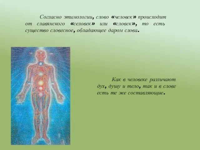 Согласно этимологии, слово «человек» происходит от славянского «селовек» или «словек», то есть