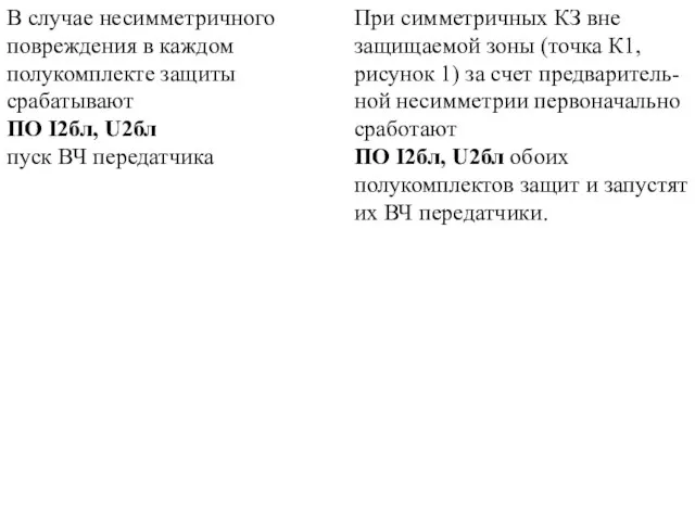 В случае несимметричного повреждения в каждом полукомплекте защиты срабатывают ПО I2бл, U2бл