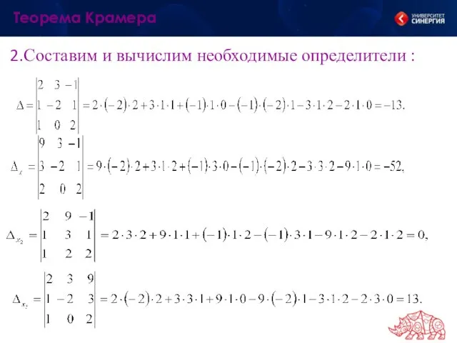 Составим и вычислим необходимые определители : Теорема Крамера