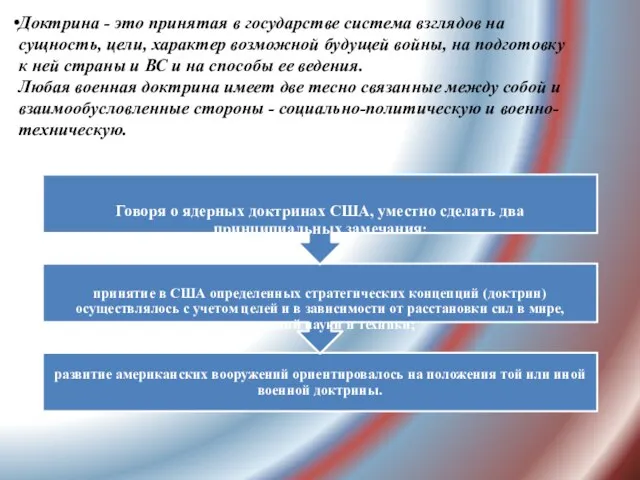 Доктрина - это принятая в государстве система взглядов на сущность, цели, характер