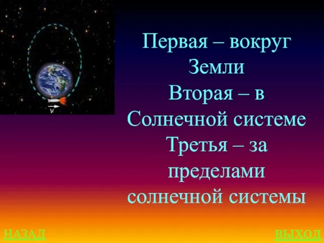 НАЗАД выход Первая – вокруг Земли Вторая – в Солнечной системе Третья