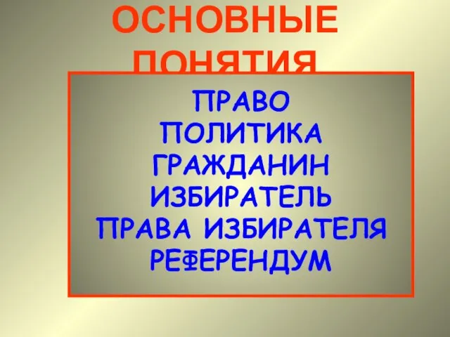 ОСНОВНЫЕ ПОНЯТИЯ ПРАВО ПОЛИТИКА ГРАЖДАНИН ИЗБИРАТЕЛЬ ПРАВА ИЗБИРАТЕЛЯ РЕФЕРЕНДУМ