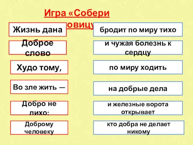 Игра «Собери пословицу» Жизнь дана Доброе слово Доброму человеку Добро не лихо: