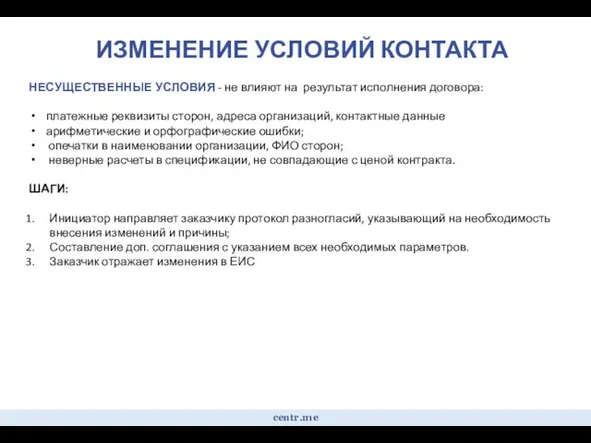 ИЗМЕНЕНИЕ УСЛОВИЙ КОНТАКТА centr.me НЕСУЩЕСТВЕННЫЕ УСЛОВИЯ - не влияют на результат исполнения