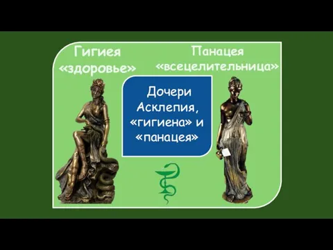 Гигиея «здоровье» Дочери Асклепия, «гигиена» и «панацея» Панацея «всецелительница»