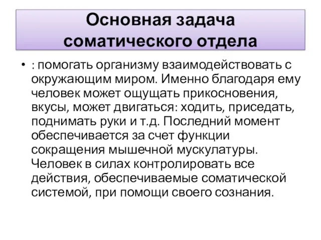 Основная задача соматического отдела : помогать организму взаимодействовать с окружающим миром. Именно