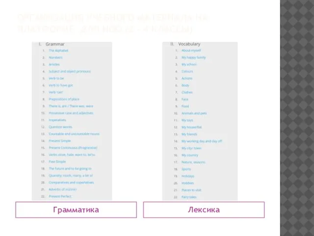 ОРГАНИЗАЦИЯ УЧЕБНОГО МАТЕРИАЛА НА ПЛАТФОРМЕ ДЛЯ НОО (2 – 4 КЛАССЫ) Грамматика Лексика