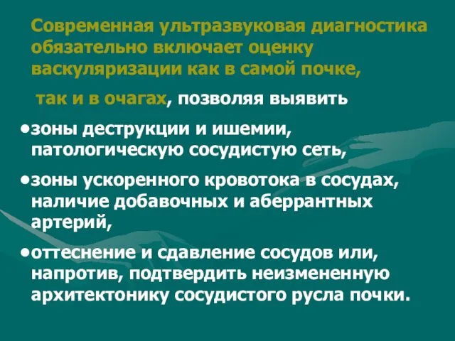 Современная ультразвуковая диагностика обязательно включает оценку васкуляризации как в самой почке, так