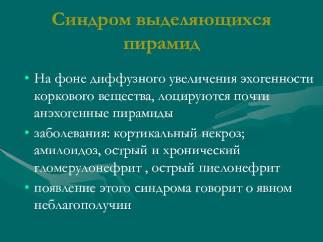 Синдром выделяющихся пирамид На фоне диффузного увеличения эхогенности коркового вещества, лоцируются почти