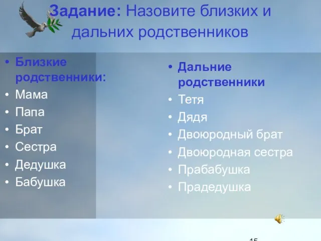 Задание: Назовите близких и дальних родственников Близкие родственники: Мама Папа Брат Сестра