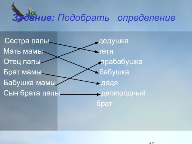 Задание: Подобрать определение Сестра папы дедушка Мать мамы тетя Отец папы прабабушка