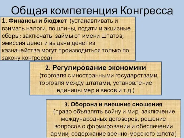 Общая компетенция Конгресса 1. Финансы и бюджет (устанавливать и взимать налоги, пошлины,