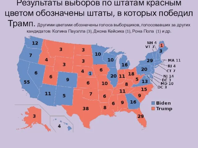 Результаты выборов по штатам красным цветом обозначены штаты, в которых победил Трамп.
