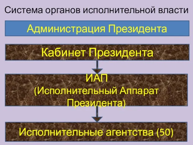 Система органов исполнительной власти Администрация Президента Кабинет Президента ИАП (Исполнительный Аппарат Президента) Исполнительные агентства (50)