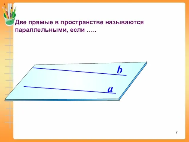 Две прямые в пространстве называются параллельными, если ….. a b