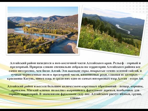 Алтайский район находится в юго-восточной части Алтайского края. Рельеф – горный и