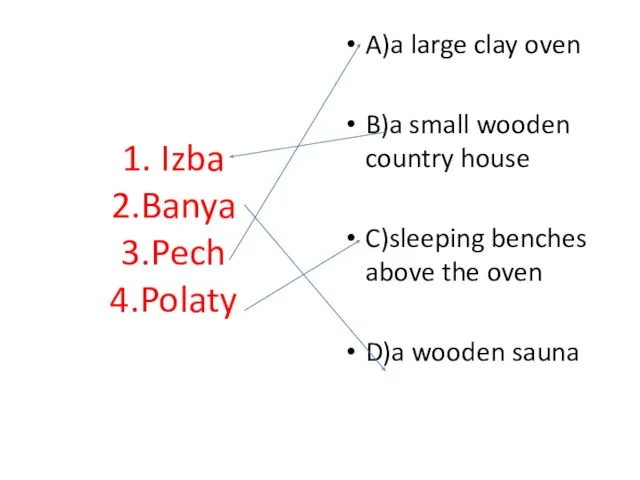 1. Izba 2.Banya 3.Pech 4.Polaty A)a large clay oven B)a small wooden