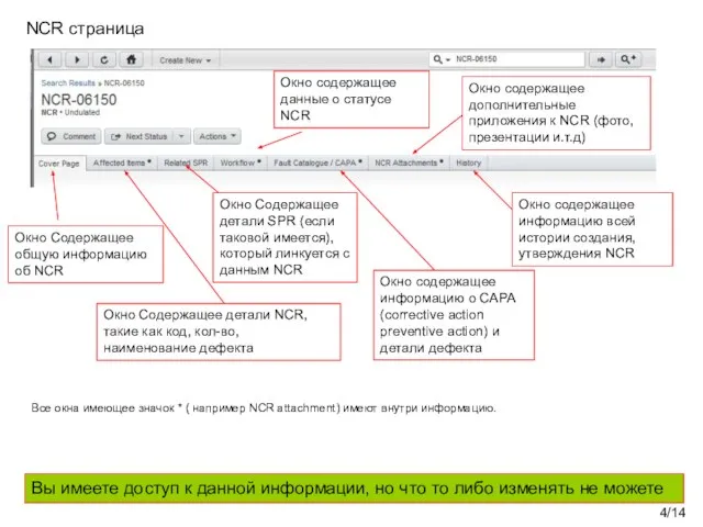 /14 Окно Содержащее общую информацию об NCR Окно Содержащее детали NCR, такие