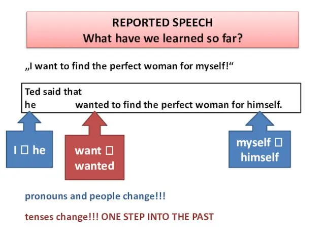 REPORTED SPEECH What have we learned so far? „I want to find