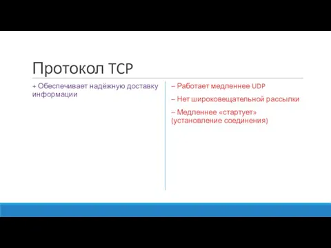 Протокол TCP + Обеспечивает надёжную доставку информации – Работает медленнее UDP –