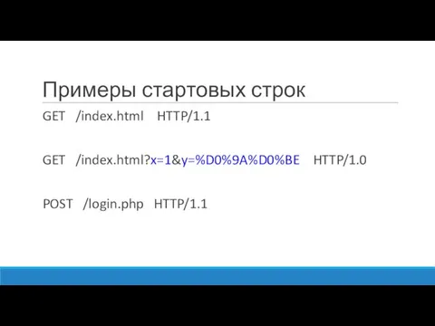 Примеры стартовых строк GET /index.html HTTP/1.1 GET /index.html?x=1&y=%D0%9A%D0%BE HTTP/1.0 POST /login.php HTTP/1.1