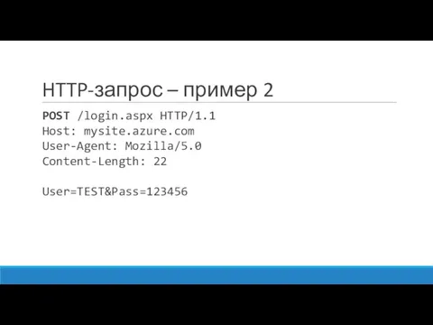 HTTP-запрос – пример 2 POST /login.aspx HTTP/1.1 Host: mysite.azure.com User-Agent: Mozilla/5.0 Content-Length: 22 User=TEST&Pass=123456