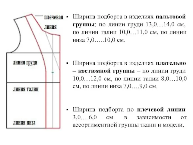 Ширина подборта в изделиях пальтовой группы: по линии груди 13,0…14,0 см, по