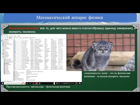 Математический аппарат физики Физическая величина: все то, для чего можно ввести эталон/образец(