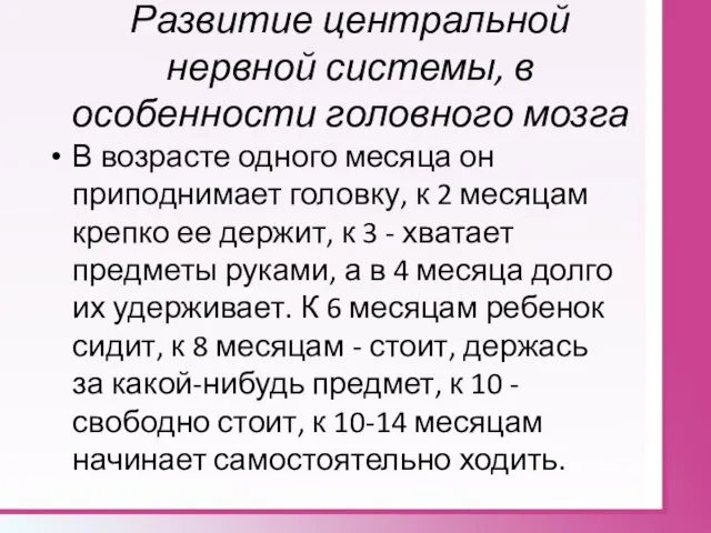 Развитие центральной нервной системы, в особенности головного мозга В возрасте одного месяца