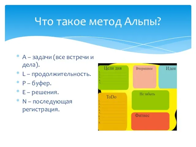 Что такое метод Альпы? A – задачи (все встречи и дела). L