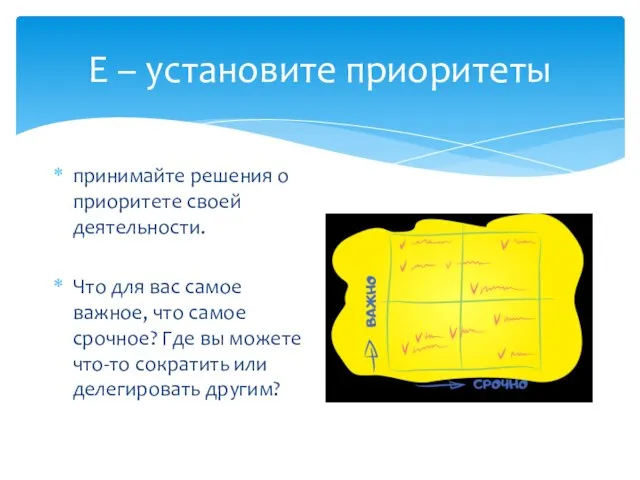 E – установите приоритеты принимайте решения о приоритете своей деятельности. Что для