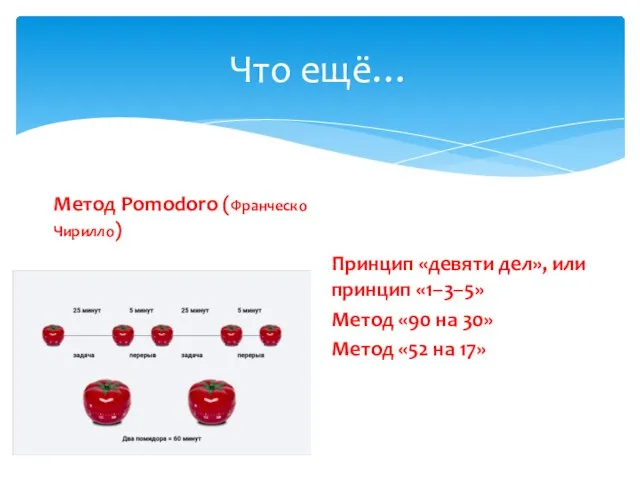 Что ещё… Метод Pomodoro (Франческо Чирилло) Принцип «девяти дел», или принцип «1–3–5»