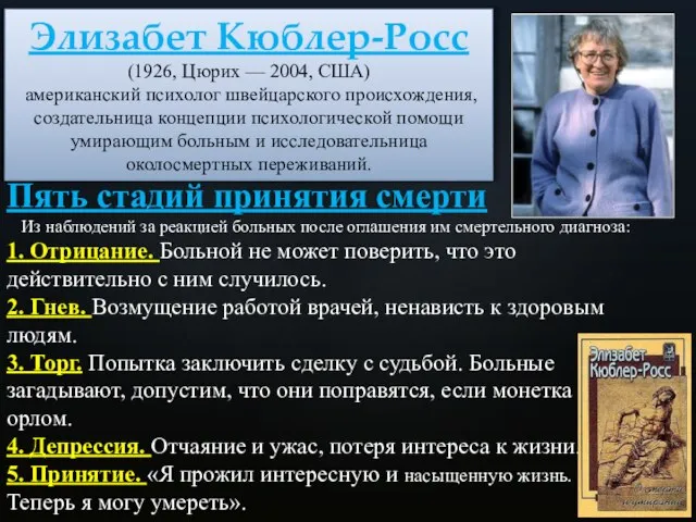 Элизабет Кюблер-Росс (1926, Цюрих — 2004, США) американский психолог швейцарского происхождения, создательница