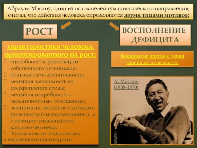 Абрахам Маслоу, один из основателей гуманистического направления, считал, что действия человека определяются