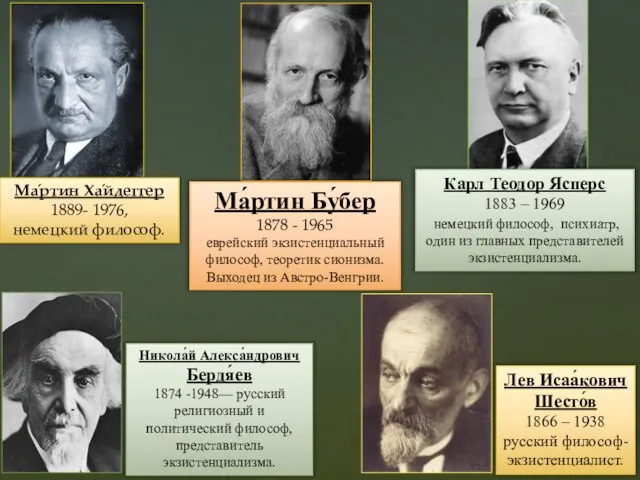 Лев Исаа́кович Шесто́в 1866 – 1938 русский философ-экзистенциалист. Никола́й Алекса́ндрович Бердя́ев 1874