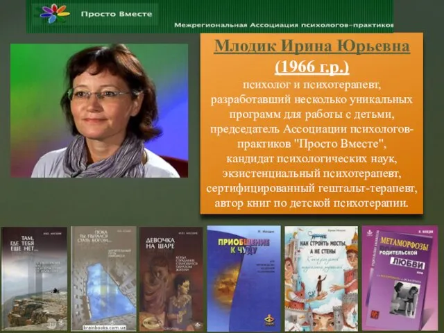 Млодик Ирина Юрьевна (1966 г.р.) психолог и психотерапевт, разработавший несколько уникальных программ