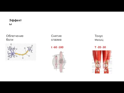 Эффекты Снятие спазма t -60 -180 Облегчение боли Тонус мышц T -20 -30
