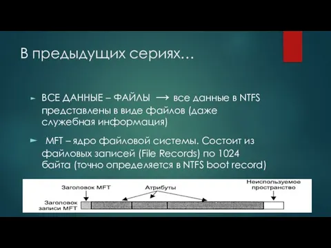 В предыдущих сериях… ВСЕ ДАННЫЕ – ФАЙЛЫ → все данные в NTFS