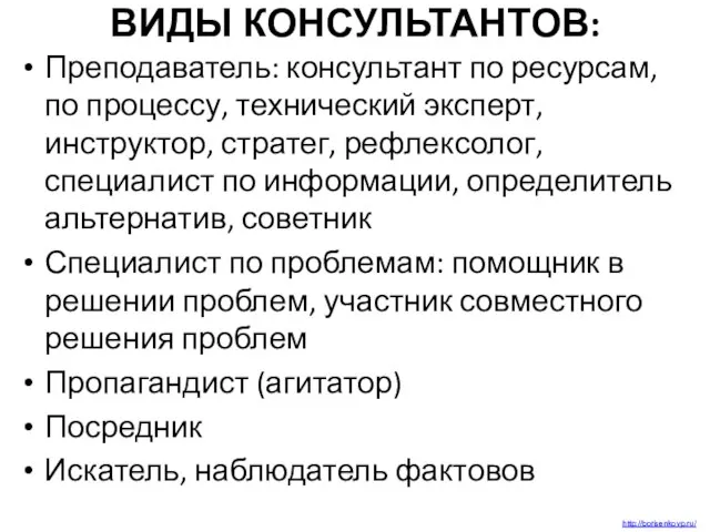 ВИДЫ КОНСУЛЬТАНТОВ: Преподаватель: консультант по ресурсам, по процессу, технический эксперт, инструктор, стратег,