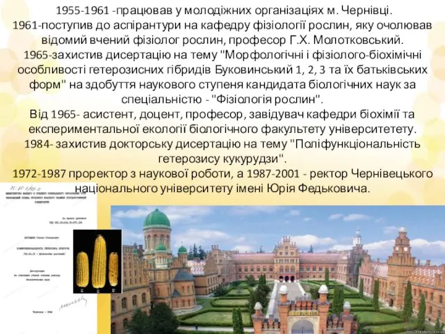 1955-1961 -працював у молодіжних організаціях м. Чернівці. 1961-поступив до аспірантури на кафедру