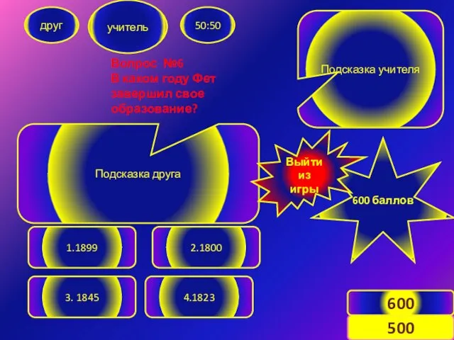 Вопрос №6 В каком году Фет завершил свое образование? друг учитель 50:50