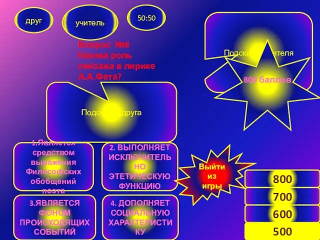 Вопрос №8 Какова роль пейзажа в лирике А.А.Фета? друг учитель 50:50 2.