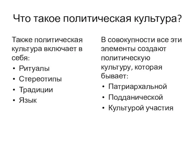 Что такое политическая культура? Также политическая культура включает в себя: Ритуалы Стереотипы