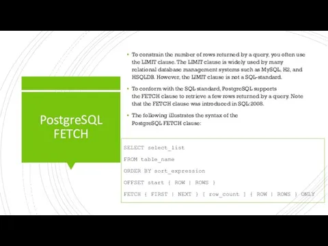 PostgreSQL FETCH To constrain the number of rows returned by a query,